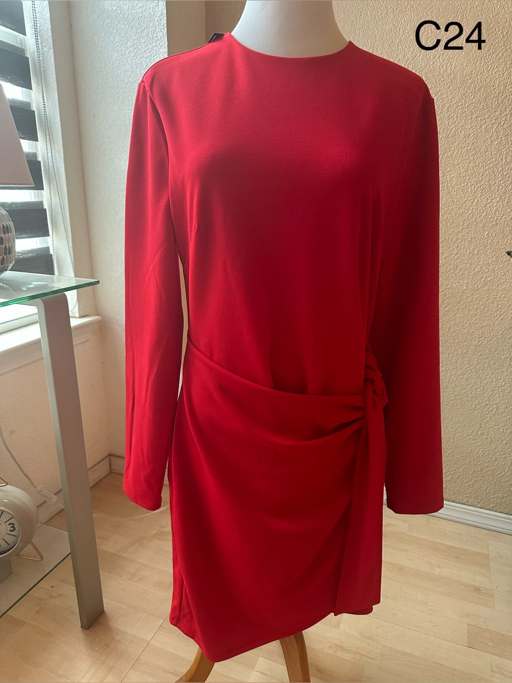 Express Red Long-Sleeve Tie-Detail Dress